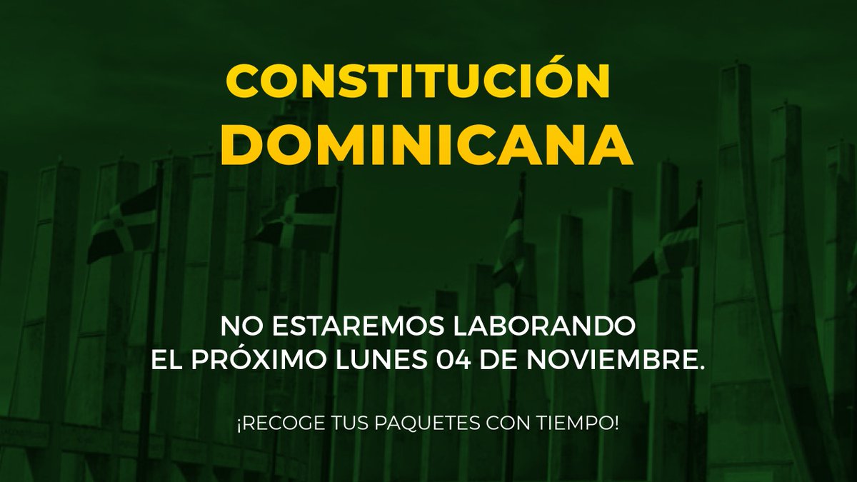JetPackRD's tweet image. Por motivo del Aniversario de la Constitución Dominicana, no laboramos el próximo Lunes 04 de noviembre. 🇩🇴 ¡Retira tus paquetes hoy y mañana sábado! 📦 #JetPackCourier