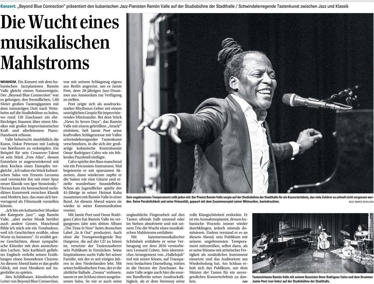 ''Valle symbolically masters the art of linking Oscar Peterson with Ludwig van Beethoven. His unrestrained temperament captured everybody. The pianist Ramón Valle created a concert experience at the Studiobuhne in Weinheim that many listeners will not forget''. #ramonvalle #jazz