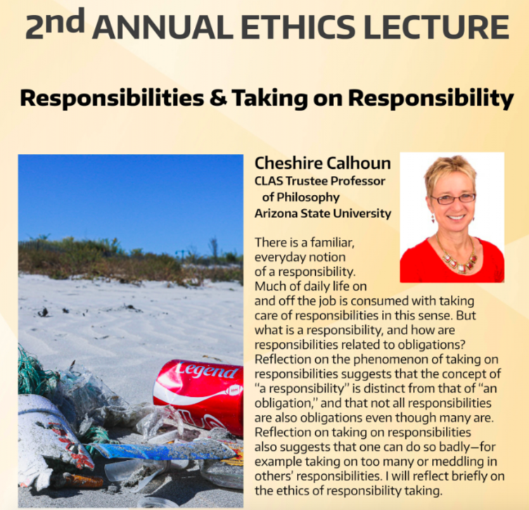 Flyer for Calhoun's talk. Title: "Responsibilities & Taking on Responsibility."