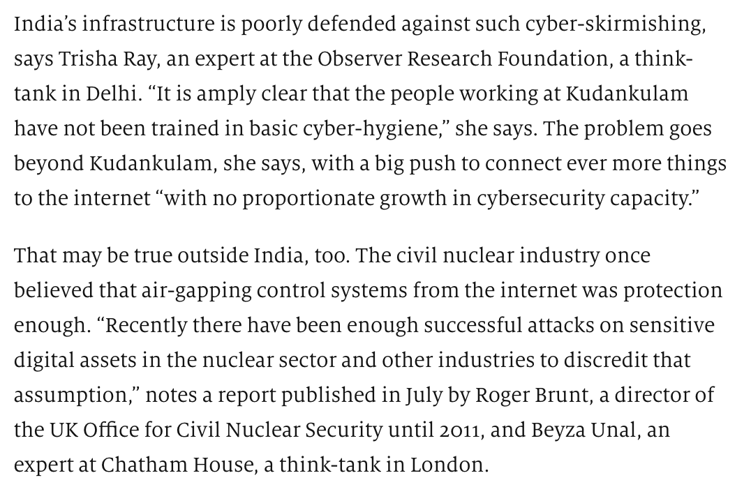 My piece for  @TheEconomist on the cyber-attack on India's Kudankulam Nuclear Power Plant (though importantly not its control systems), touching on some of the wider issues around vulnerabilities in nuclear and other critical national infrastructure  https://www.economist.com/asia/2019/11/01/a-cyber-attack-on-an-indian-nuclear-plant-raises-worrying-questions