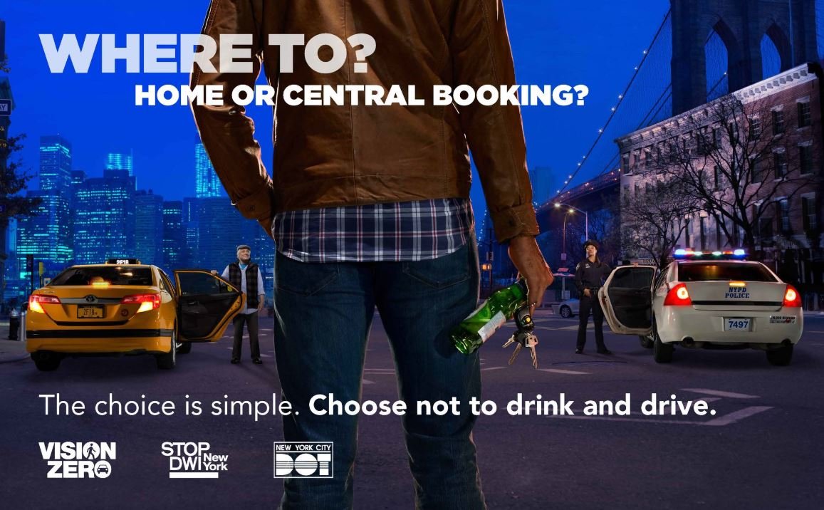 A person holds a beer bottle and car keys. They are looking at a taxi on one side and a police car on the other. text reads: Where to? Home or central booking? The choice is simple. Choose not to drink and drive. 