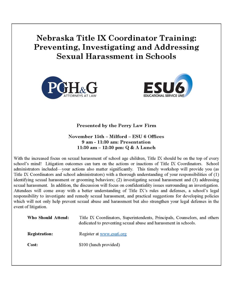 The legal eagles of Perry Law will be conducting a Title IX Coordinator training at <a href="/esu6pd/">ESU 6 PD</a> Nov. 15th. Register at esu6.gosignmeup.com/public/Course/…