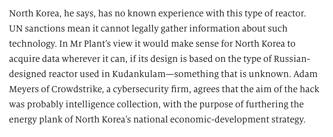 An intriguing suggestion from  @tjaplant: "there are several plausible reasons why North Korea might take an interest in Kudankulam in particular ... [it] has been building an experimental light-water nuclear reactor, which may be similar to India’s and be approaching start-up."