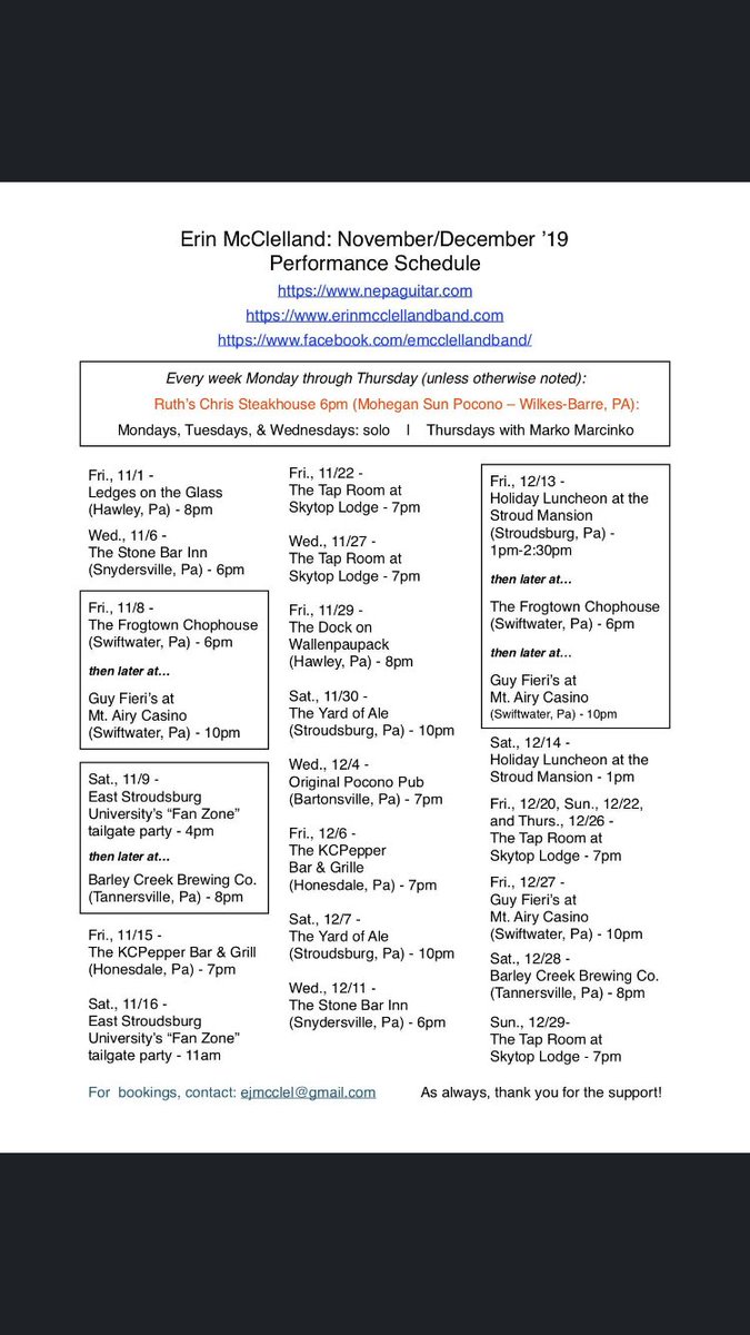 McClellandMusic's tweet photo. November / December ‘19 Schedule! https://t.co/QUr25dHrZt