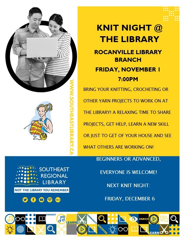 RocanvilleLib's tweet photo. Hope it was a Spook-tacular Halloween for all! Now that November is upon us...come to our Knit Nite @ 7 pm tonight! https://t.co/9c0NYjN2xn