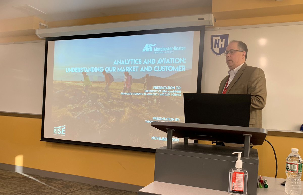 UNHAnalytics's tweet image. A big thanks to our practicum partner Ted Kitchens, Director of Aviation at MHT Boston Regional Airport for sharing with #UNHAnalytics the evolution of the air transportation industry, customer experience trends and why smart analytics #BigData will drive more guests to airport.