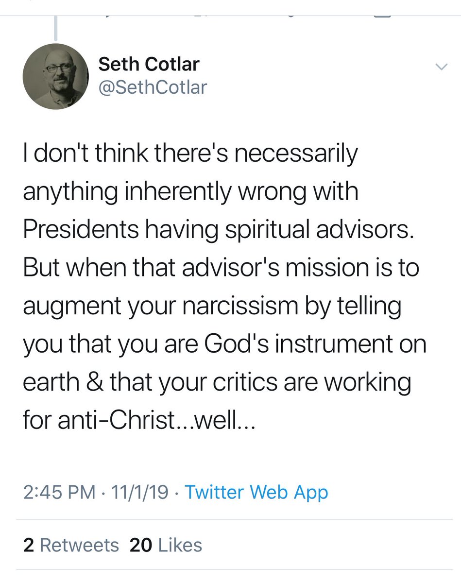 Trump’s prosperity gospel grifting “spiritual advisor” joining rhe White House is the sort of shit I think about when people say Iran can’t have nuclear weapons because they’re irrational religious fundamentalists: https://twitter.com/washingtonpost/status/1190337275613323267?s=21