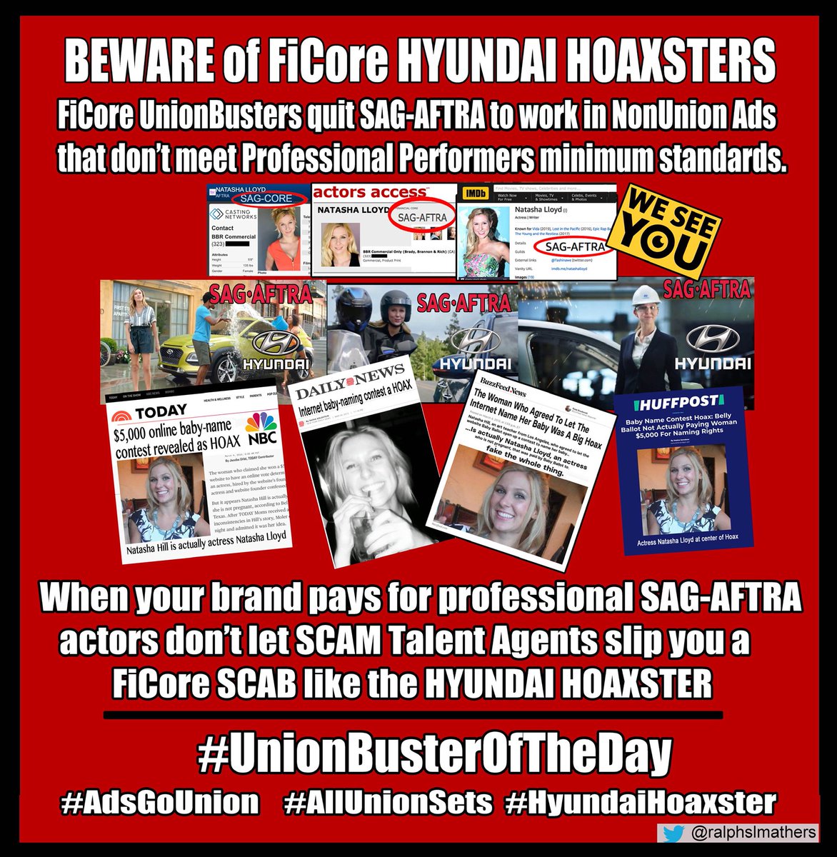 RalphsLMathers's tweet photo. Worldwide @Hyundai is 70% #Union.Looks like #ScamTalentAgents slipped a FiCore #UnionBusting #scab into their #SAGAFTRA audition & brand hired #HyundaiHoxster as their spokesperson.Beware #40PercentScam talent agents&scabs when casting. #unionbusteroftheday #adsgounion #1u #uaw https://t.co/nXz1RAp6Ch