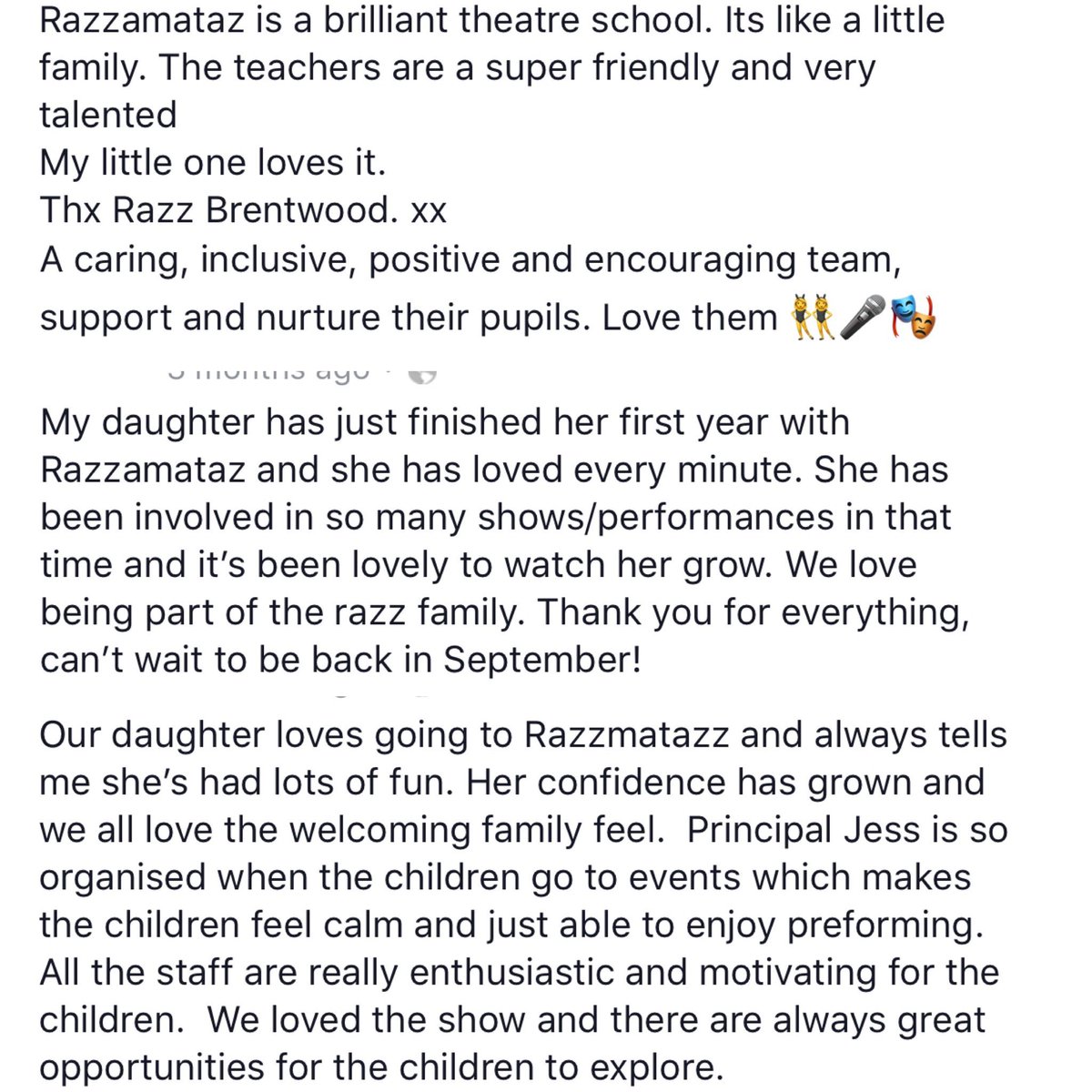 Reading the reviews our Razz Family leave us means the world to the team! It is so important to me as a principal to build not just a theatre school but a family! We are all about building confidence, having fun and empowering our future generation! #razzfamily 🙌🎉🎤🎬 #reviews