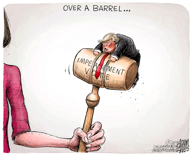 NoHealerInChief's tweet photo. @realDonaldTrump Nancy Pelosi has Trump over a barrel.

#ImpeachmentVote 
Cartoon by Adam Zyglis. https://t.co/LqGqZiJVAj