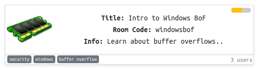 tryhackme's tweet image. This room teaches you about buffer overflows on Windows systems. 

You will create a program that will take advantage of a program running on a Windows machine to get Administrator access.

tryhackme.com/room/windowsbof

#ctf #cybersecurity #bufferoverflows #bof #OSCP