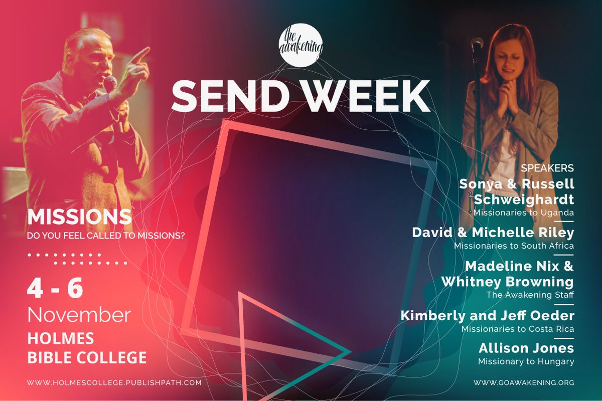 Hey Holmes Bible College! We can't wait to be there with you for SEND Week! Check out some of what we've got planned. #wheneverwhereverhowever #untilthelasthasheard