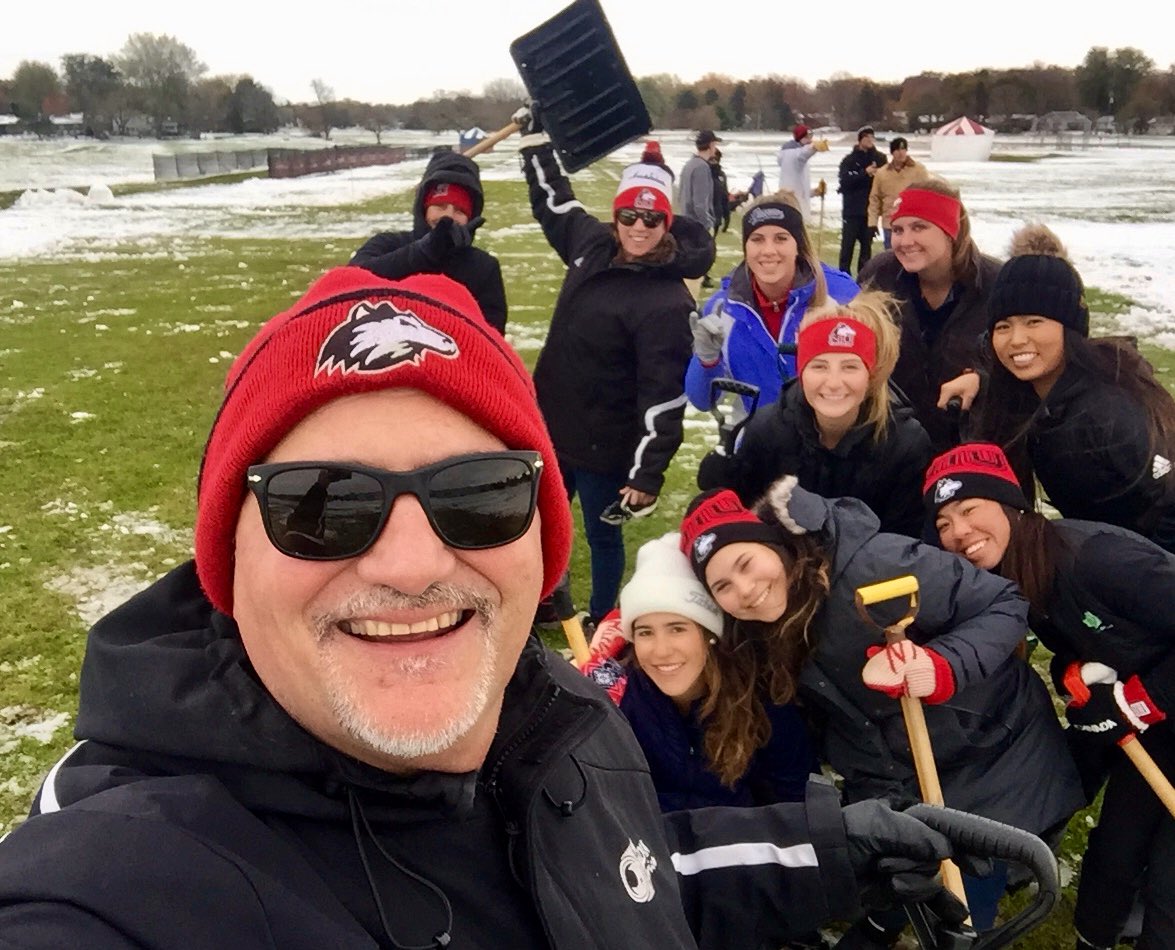HuskieBH's tweet photo. Neither snow nor sleet nor rain nor cold could detour @NIUWomensgolf @NIUSoftball and @NIUXCTrack from clearing the #North40 course for Saturday’s @MACSports Cross Country Championships! #HuskiePride and @NIUVarsity at its best! https://t.co/gmjOk2vMNK