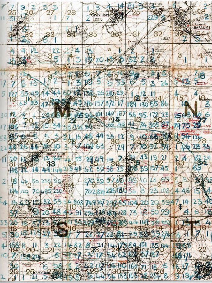 This is a body density map of part of the Somme. It was compiled around 1919 as they recovered bodies from the battlefield. Each small grid square is 250m by 250m &amp; the numbers written by hand, in blue, show the number of bodies recovered in each grid. 
I wear my #POPPYwithPRIDE