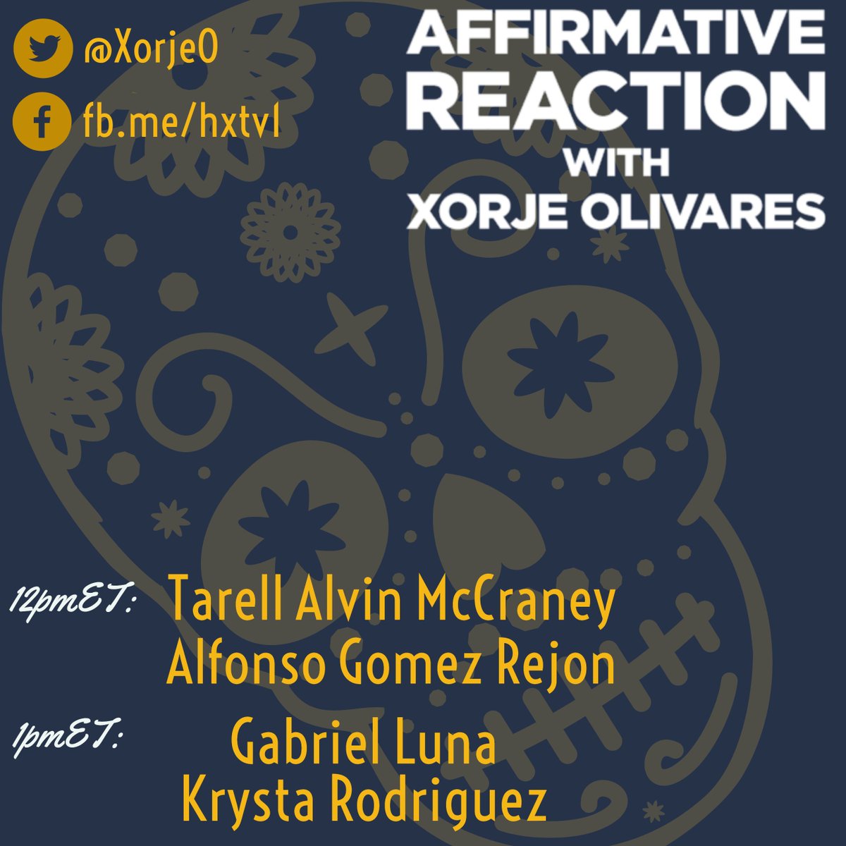 XorjeO's tweet photo. Happy to share a brand new #AffirmativeReaction this #DiaDeLosMuertos weekend!
Catch my convos with playwright Tarell Alvin McCraney, director Alfonso Gomez Rejon, and actors @IAmGabrielLuna & @KrystaRodriguez!
โฐ12pET/9aPST
๐ป @SXMProgress ch. 127 https://t.co/wInG57S5NG