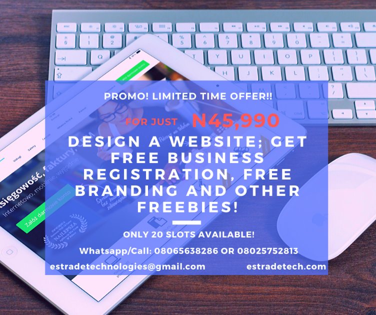 EstradeTech's tweet image. PROMO! PROMO!! PROMO!!!
Design a website for your business and we'll register your business with Corporate Affairs Commission (CAC) for FREE! This Package will also include FREE Hosting, Domain and other freebies! Take action NOW! estradetech.com/cheap-website-…