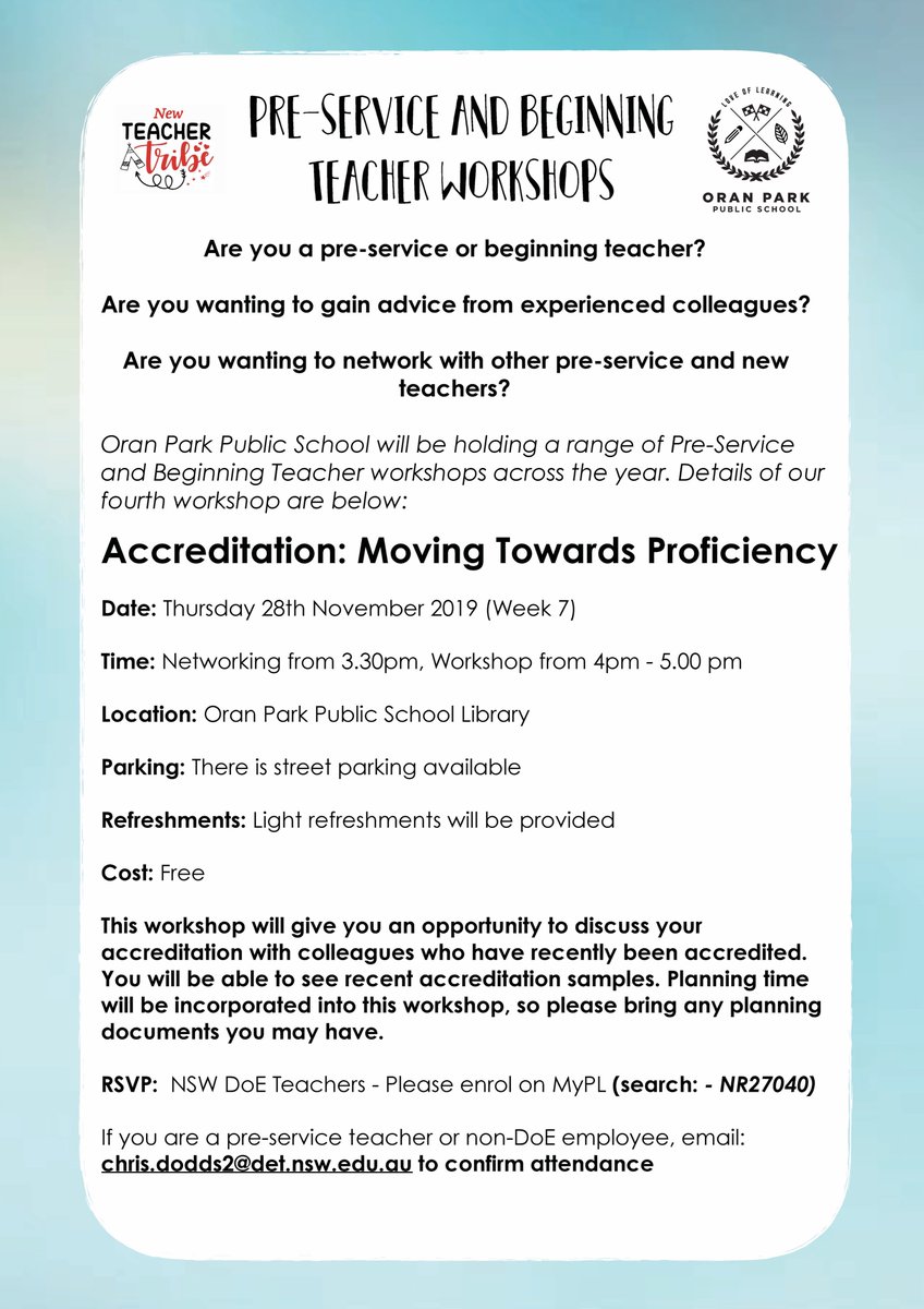 Chris Dodds (@chrisdodds17) on Twitter photo Hello all, Our final beginning teacher workshop of the year will be in week 7 <a href="/OranParkPS/">Oran Park PS</a>. We are looking at the accreditation process and the requirements for becoming proficient. 1.5 hours of TIPD. Please enrol on MyPL We are looking forward to seeing you. <a href="/newteachertribe/">New Teacher Tribe</a> Hello all, Our final beginning teacher workshop of the year will be in week 7 <a href="/OranParkPS/">Oran Park PS</a>. We are looking at the accreditation process and the requirements for becoming proficient. 1.5 hours of TIPD. Please enrol on MyPL We are looking forward to seeing you. <a href="/newteachertribe/">New Teacher Tribe</a>