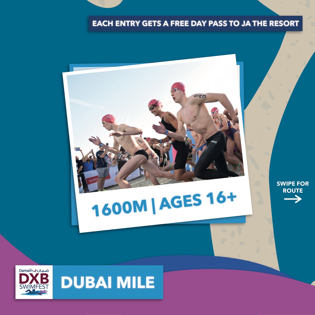 DXBSwimFest's tweet photo. 7️⃣ Days to go ... can you take on the Dubai Mile? Discover your potential over the 1,600m course and race the beautiful waters of JA the Resort 🏊‍♂️⠀
⠀
#DXBSwimFest #Dubai30x30 #MyDubai https://t.co/YzwRe0nUdG