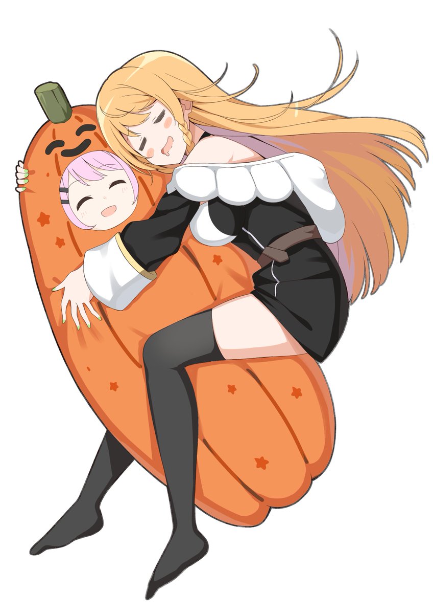 なんか抱き枕感あるな🤔と思って見ていた干しが...カボチャコスのベル様に使用をイメージした勇者を添えて #ベルピク  #絵レナ 