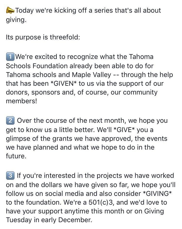 We’re kicking off a giving campaign to highlight what a gift our sponsors, donors &amp; community members have been! We’ll also share a bit more about what the <a href="/TS409foundation/">Tahoma Schools Foundation</a> has accomplished &amp; our goals for the future. If you support our efforts, please share some of our posts!