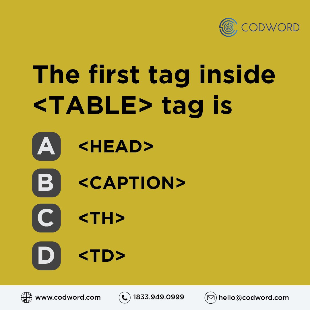 CodWordGlobal's tweet image. First tag inside &lt;table&gt; tag is???
#htmlcoding #htmlbasics #htmlquiz #htmlcss #html5 #html #htmlcode #html_css #htmltemplate #htmldeveloper #htmltags #htmlandcss #htmlexperts #htmltips #learnhtml #htmlbuilder #xhtml #psdtohtml