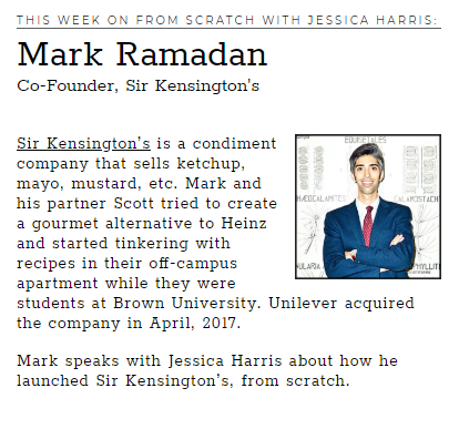 .<a href="/sirkensingtons/">Sir Kensington's</a> co-founder Mark Ramadan gets tongue-in-cheek describing his "absurdly highbrow" gourmet condiments. bit.ly/1J7fYvy