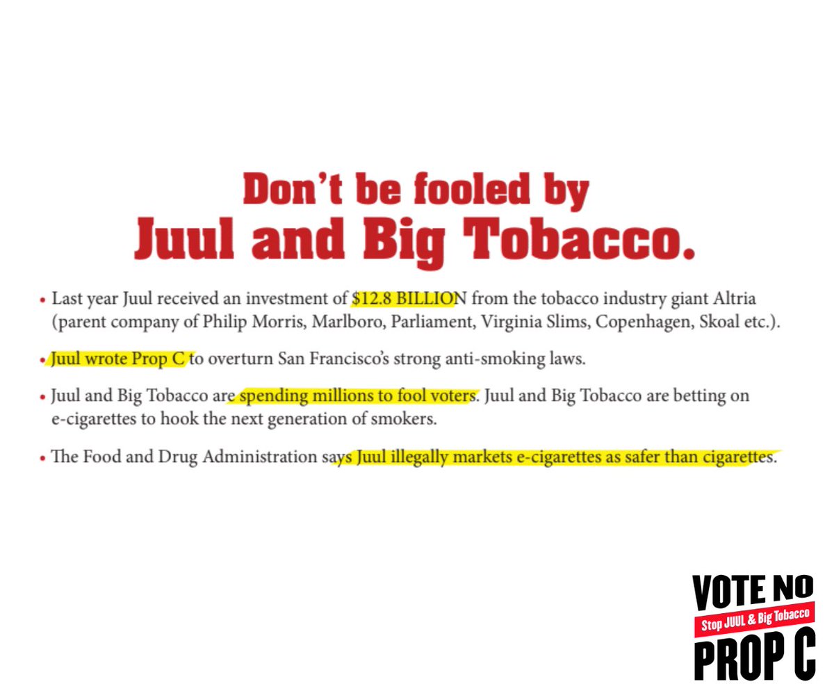 riseabovesmoke's tweet photo. Voting in San Francisco on Tues? Juul's Prop C is still on the ballot. Save our kids from nicotine addiction: Say NO to #Juul. Say NO to #BigTobacco. Say NO to Prop C. #riseabovethesmoke #noonpropc #noonc #stopvaping #noonpropcsf  #endvaping #stopjuul https://t.co/r5eaiV4ieX