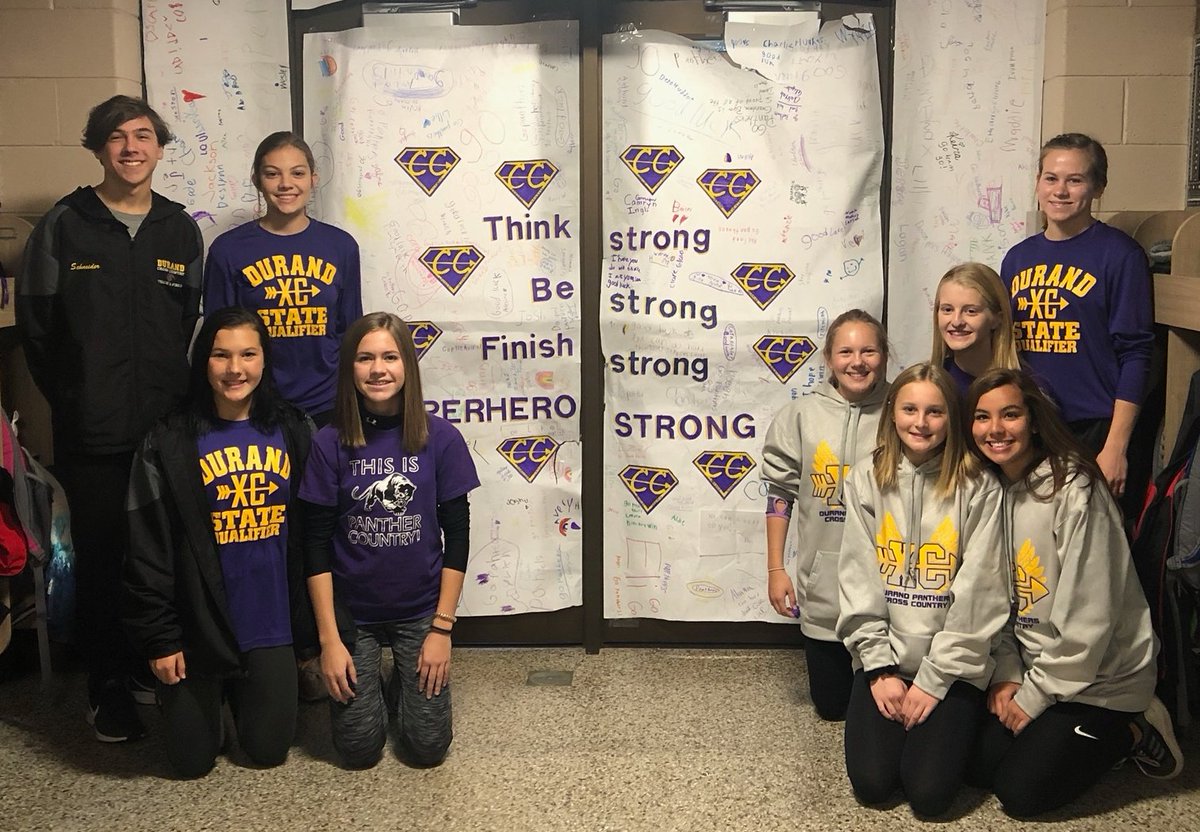 DurandPantherXC's tweet photo. "Think Strong. Be Strong. Finish Strong. Superhero Strong." Thanks Caddie Woodlawn Elementary for the high-5s and well wishes for State! #statebound #WIrapids #wiaaxc #durandpanthers https://t.co/5zQVottXrh