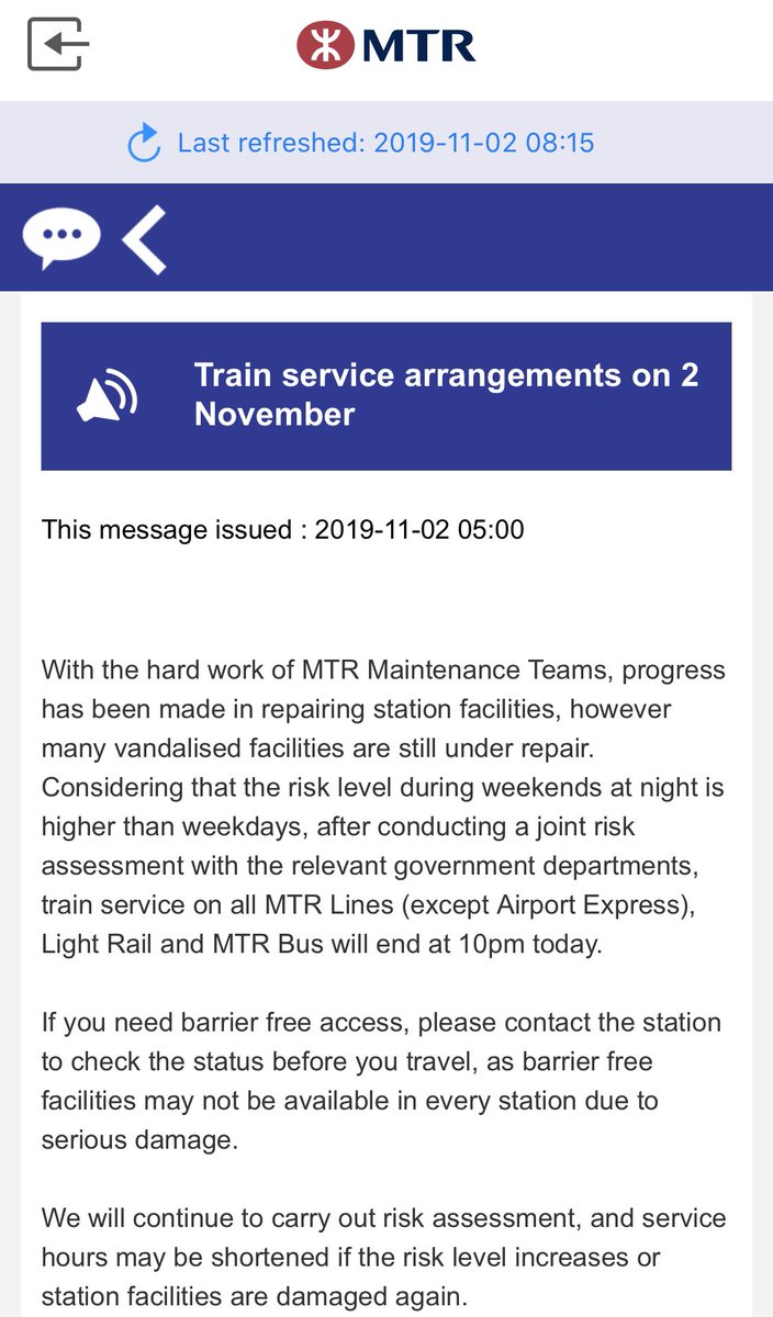 yuko_mano's tweet photo. 11月2日(土)MTR運行情報

#香港デモ #香港デモ日程 #香港 
#HongKongProtests #FreeHongKong  

最新のデモ情報は、Instagramのストーリー機能にて配信しています。

■Instagram：https://t.co/6P46eZ5d5t https://t.co/3bQpZqyu8y