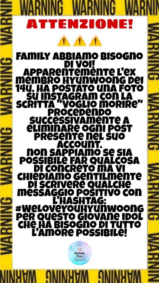 multifamilyita's tweet photo. โ ๏ธโ ๏ธโ ๏ธ FAMILY ATTENZIONE โ ๏ธโ ๏ธโ ๏ธ
SAPPIAMO CHE ร TARDI MA VI PREGHIAMO DI LEGGERE ร IMPORTANTISSIMO ED URGENTE!
DIAMO UNA MANO!
#WeLoveYouHyunwoong #multifamilyproject #weallshouldbeone #kpop #14U #Hyunwoong #love #warning #attention #help #family https://t.co/fVkpjuWMZa