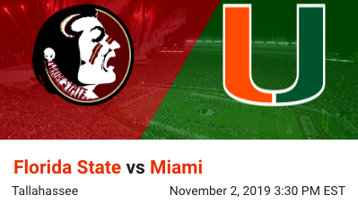 destination_fan's tweet photo. Looking forward to this game. Both teams are 4-4 and need this win badly. Florida State is slightly favored. Do they get the win? #onetribe #canes #gonoles #cfb #fandestination https://t.co/t8u61zDr0G