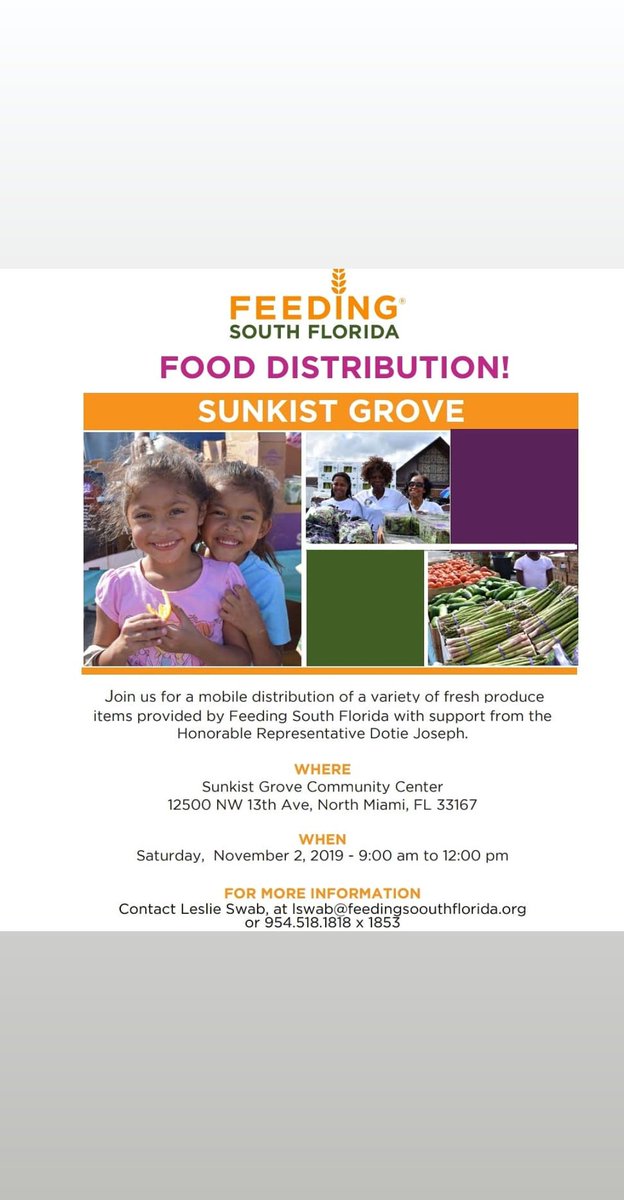 #TeamDotie presents 2 food distributions for District 108:
North Side
11/2 @ Sunkist Grove Community Ctr
9am - noon
with Feeding South FL
South Side
11/23 @ Charles Hadley Park
10am - 1 pm
with Farmshare
All are welcome, and it will be "first come, first served."