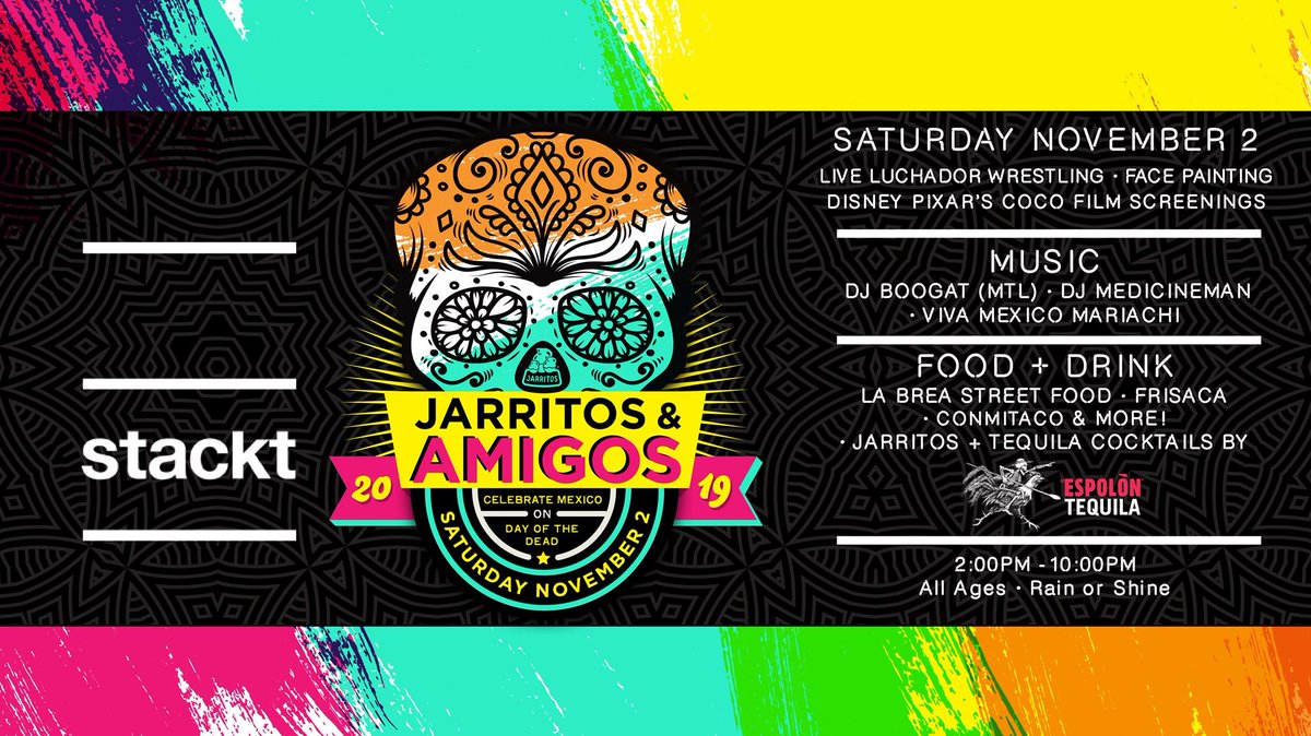 Jarritos &amp; Amigos Celebrate Mexico!
Multi-Area Activities Schedule:

2PM - Open
3PM - COCO Screening &amp; Face Painting Opening
4PM - Live <a href="/DemandLucha/">Demand Lucha</a> Wrestling
5PM - Music Begins!
7PM - COCO Screening #2
9PM - Live <a href="/DemandLucha/">Demand Lucha</a> Wrestling
930PM - DJ Sets

28 Bathurst St, Toronto