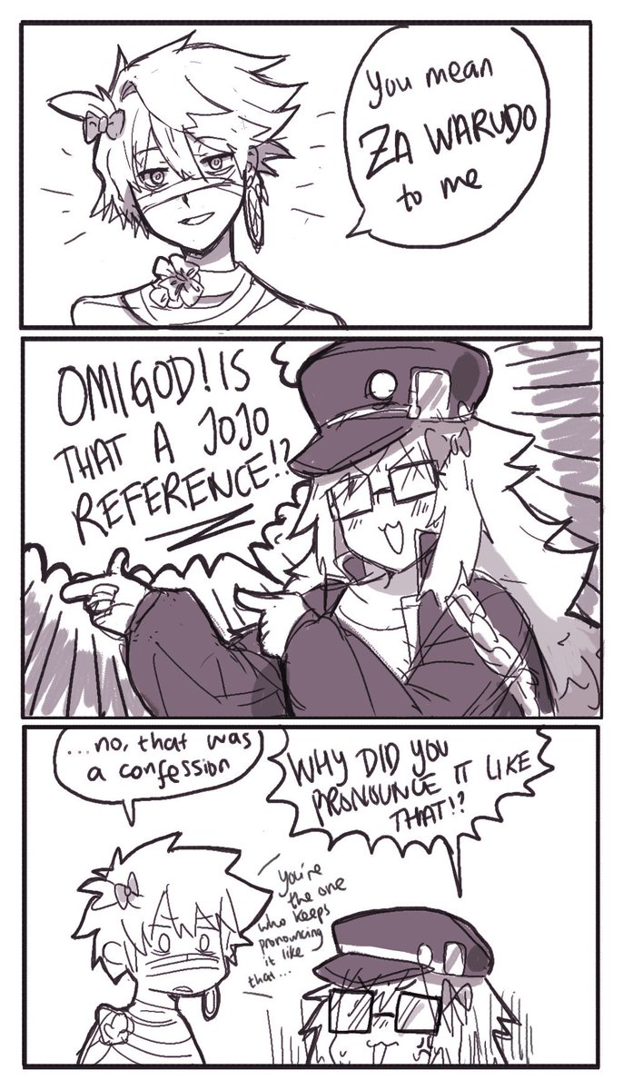 Based on Sagta's Halloween art. I just wanna see Jinako spewing random jojo references and Karna being all confused about it. 

Does this count as KarJina? 