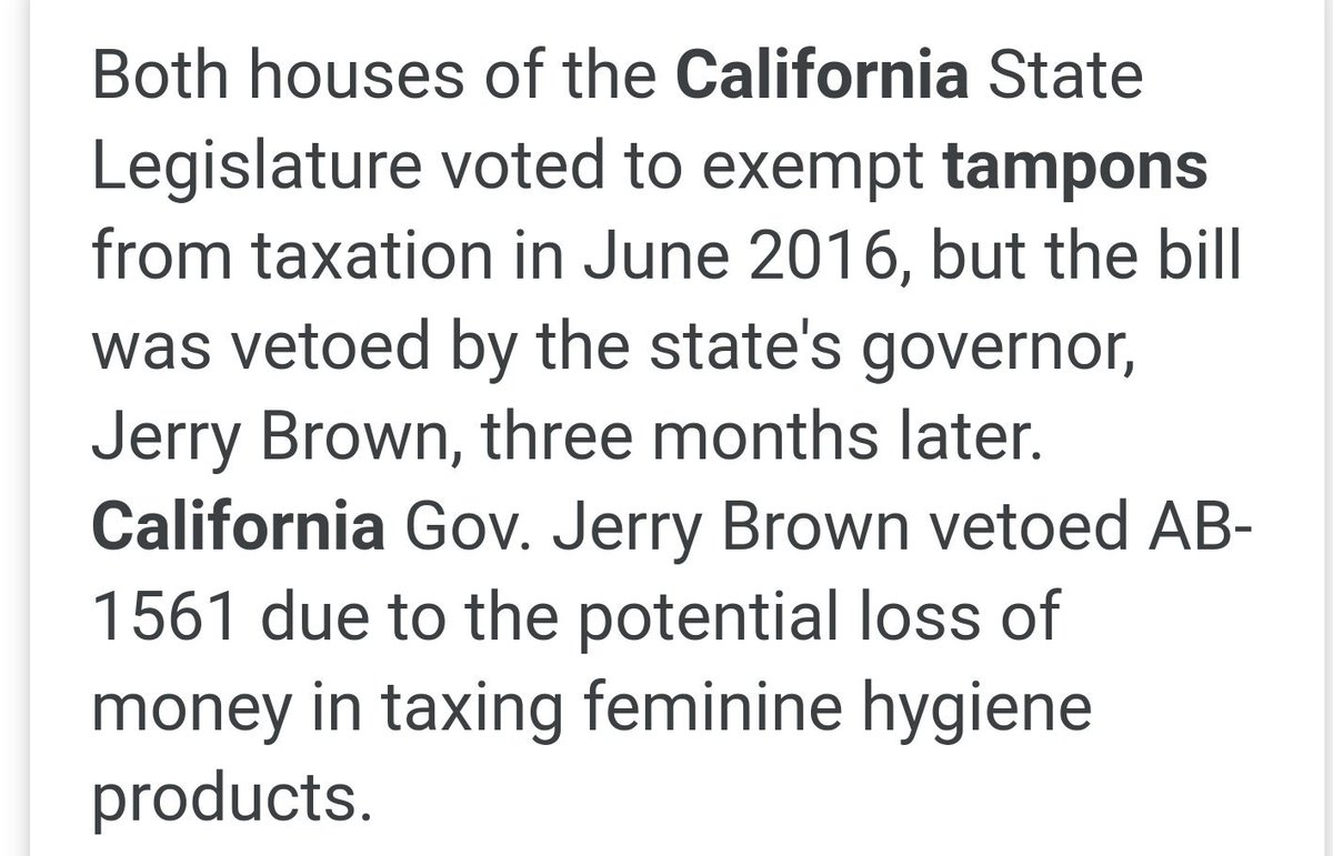 Yft2naBeth's tweet photo. @ilyseh Did you know even progressive California taxes feminine hygiene products with state sales tax of 7.25%.  And add NOT COVERED by food stamps!  Too many men making decisions without out experience. https://t.co/gHWo9s0wzL