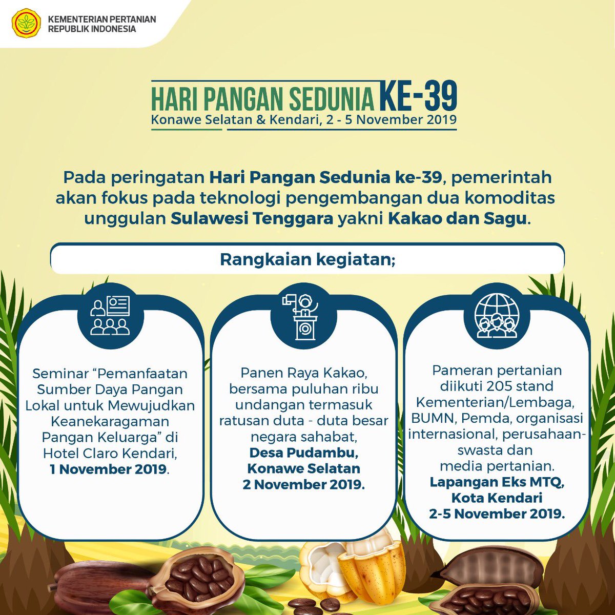 kementan's tweet photo. Puncak Perayaan #HariPanganSedunia2019 akan disemarakan dengan serangkaian acara yang menarik, diselenggarakan pada tanggal 2-5 November 2019 di Lapangan MTQ – Kendari dan Desa Pudambu Kecamatan Angata – Konawe Selatan Sulawesi Tenggara. https://t.co/Yqjiv2rGXH