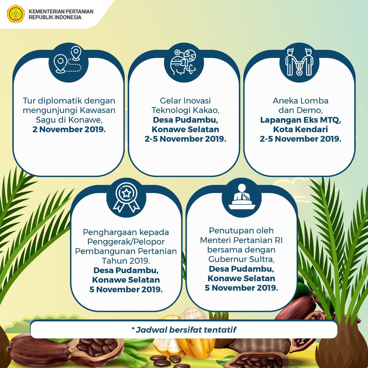kementan's tweet photo. Puncak Perayaan #HariPanganSedunia2019 akan disemarakan dengan serangkaian acara yang menarik, diselenggarakan pada tanggal 2-5 November 2019 di Lapangan MTQ – Kendari dan Desa Pudambu Kecamatan Angata – Konawe Selatan Sulawesi Tenggara. https://t.co/Yqjiv2rGXH