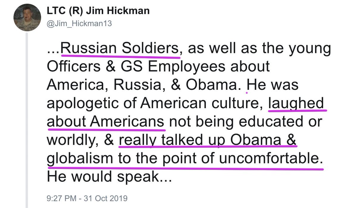 93.  #QAnon  #CoupCabal To the Russians  #Vindman "was apologetic of American culture, laughed about Americans not being educated or worldly, & really talked up Obama & globalism to the point of uncomfortable."  https://twitter.com/Jim_Hickman13/status/1190077856866549761
