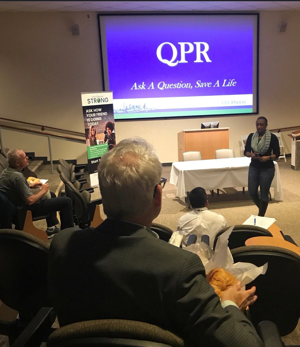 StrongUNTdallas's tweet photo. Let’s play a role in suicide prevention! Twelve faculty and staff members participated in the QPR suicide prevention training today. Special thanks to Provost Stewart and Dean Perez for participating and showing support. #QPRTraining #SuicidePrevention https://t.co/n5zbUy8J0y