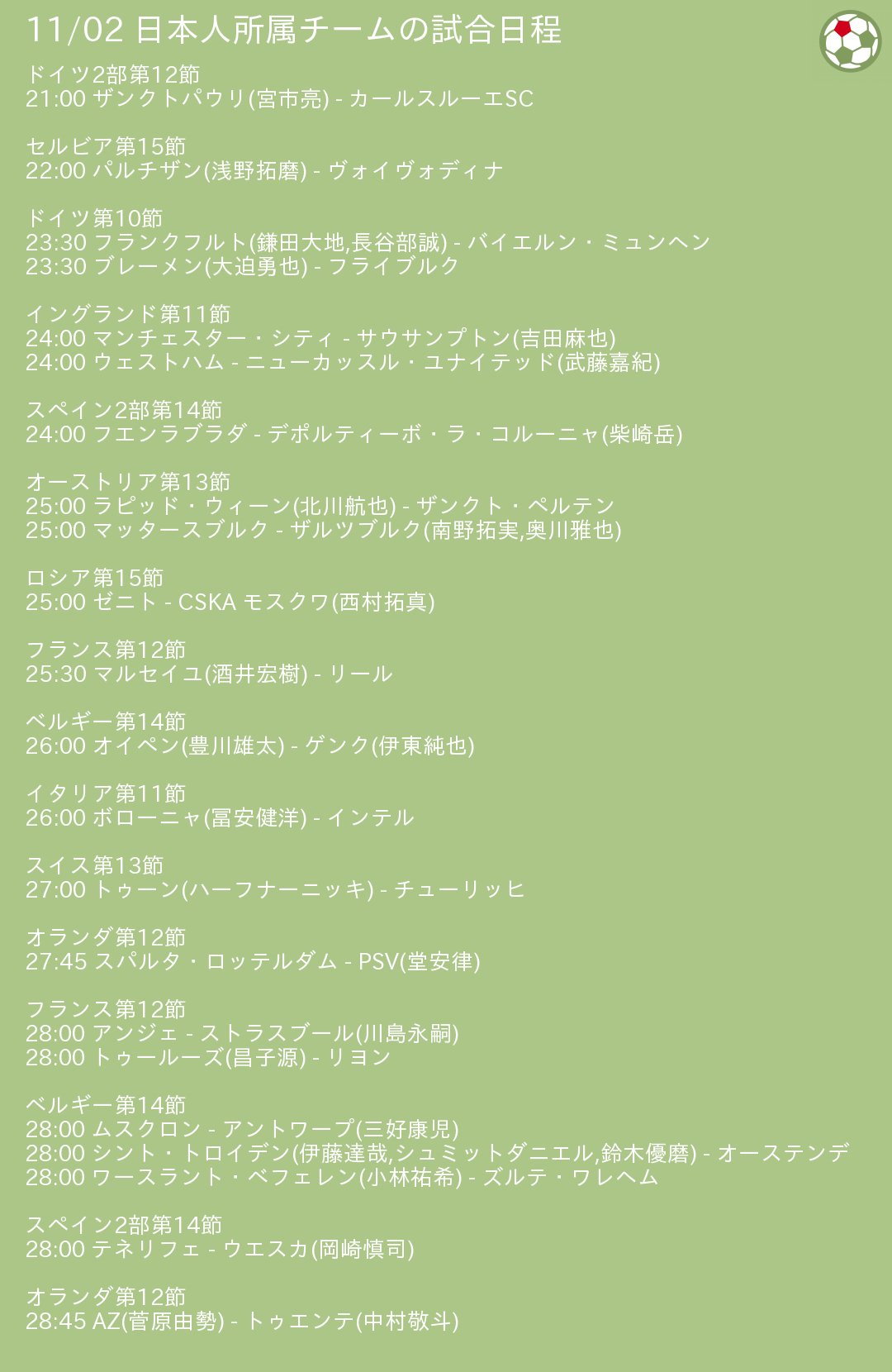 Jpfoot 欧州リーグ日本人スケジュール 本日 11 02 の試合日程 宮市亮 浅野拓磨 鎌田大地 長谷部誠 大迫勇也 吉田麻也 武藤嘉紀 柴崎岳 北川航也 南野拓実 奥川雅也 西村拓真 酒井宏樹 豊川雄太 伊東純也 冨安健洋 ハーフナーニッキ 堂安律 川島永嗣 昌子源 Jpfoot 欧州リーグ日本人スケジュール 本日 11 02 の試合日程 宮市亮 浅野拓磨 鎌田大地 長谷部誠 大迫勇也 吉田麻也 武藤嘉紀 柴崎岳 北川航也 南野拓実 奥川雅也 西村拓真 酒井宏樹 豊川雄太 伊東純也 冨安健洋 ハーフナーニッキ 堂安律 川島永嗣 昌子源