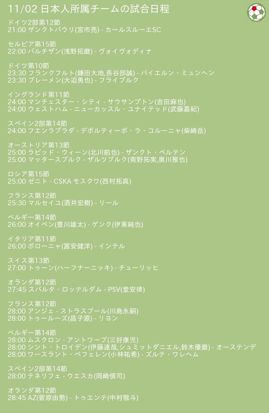 Jpfoot 欧州リーグ日本人スケジュール 本日 11 02 の試合日程 宮市亮 浅野拓磨 鎌田大地 長谷部誠 大迫勇也 吉田麻也 武藤嘉紀 柴崎岳 北川航也 南野拓実 奥川雅也 西村拓真 酒井宏樹 豊川雄太 伊東純也 冨安健洋 ハーフナーニッキ 堂安律 川島永嗣 昌子源