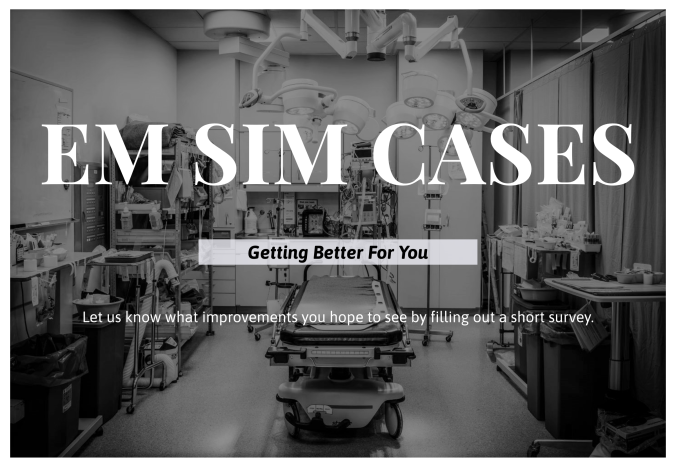 Have you used the <a href="/emsimcases/">emsimcases.com</a> library? If you haven't, you should (highest quality case repository online - and it's free!). If you have, we need your help to set our direction! Give us your feedback, please? #FOAMed #FOAMsim docs.google.com/forms/d/e/1FAI…