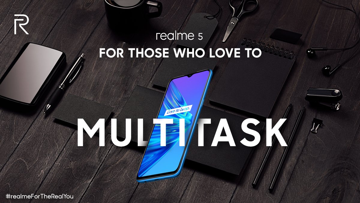 realmeIndia's tweet photo. The multitasker in you requires a smartphone with incredible battery life that keeps you going all day. The massive 5000mAh battery on #realme5 is the #realmeForTheRealYou. 
Know more: https://t.co/lm7QeTdhun 
#QuadCameraPowerhouse https://t.co/mcaF13GN1y