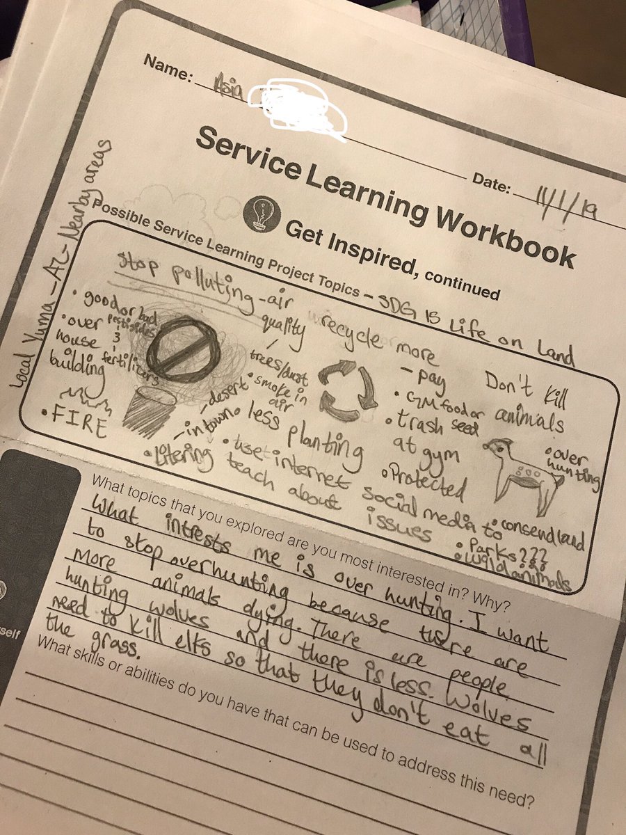 GSA5thGrGators's tweet photo. Used a page from @NatGeoEducation service learning workbook to brainstorm issues related to SDG 15.  Getting ready to #BeTheChange #ThingsNotTested https://t.co/jjZ9yuas22