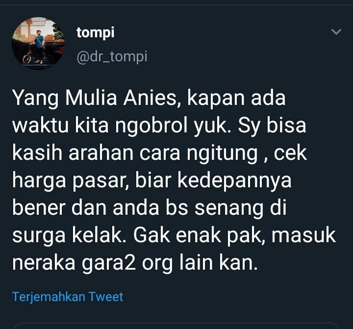 <a href="/dr_tompi/">dr tompi spBP</a> Begini lu bilang sopan?

Sombong iye..pake ngajari cara Penganggaran

Gua yakin lebih ngelotok Anies drpd lu tom masalah Penganggaran mah

Drpd ktmu Anies..mending lu ktmu <a href="/taufiqrus/">Taufiq</a> masalah Penganggaran mah..biar dikuliahin lu