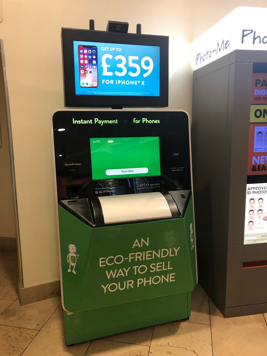 Overgate's tweet photo. Say hello to out Eco ATM!
This smart piece of technology will evaluate and price your phone and payout instantly. Welcome to 2019 ♻👏🏼 https://t.co/l7sruYZELV
