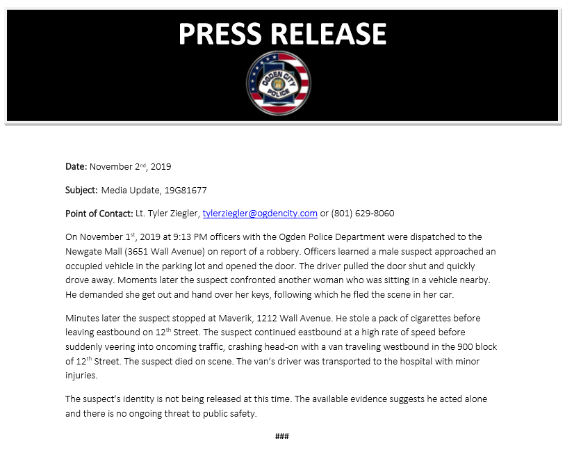 OGDEN_POLICE's tweet photo. Media Update, 19G81677 https://t.co/nK8u5uYlHT