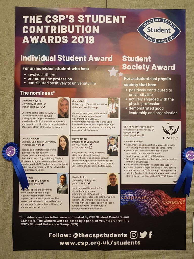 TLCarroll_'s tweet photo. Come visit the @thecspstudents at  stall 86 and have a read about our winners of the student contribution awards #Physio19 https://t.co/Org5yHATcI