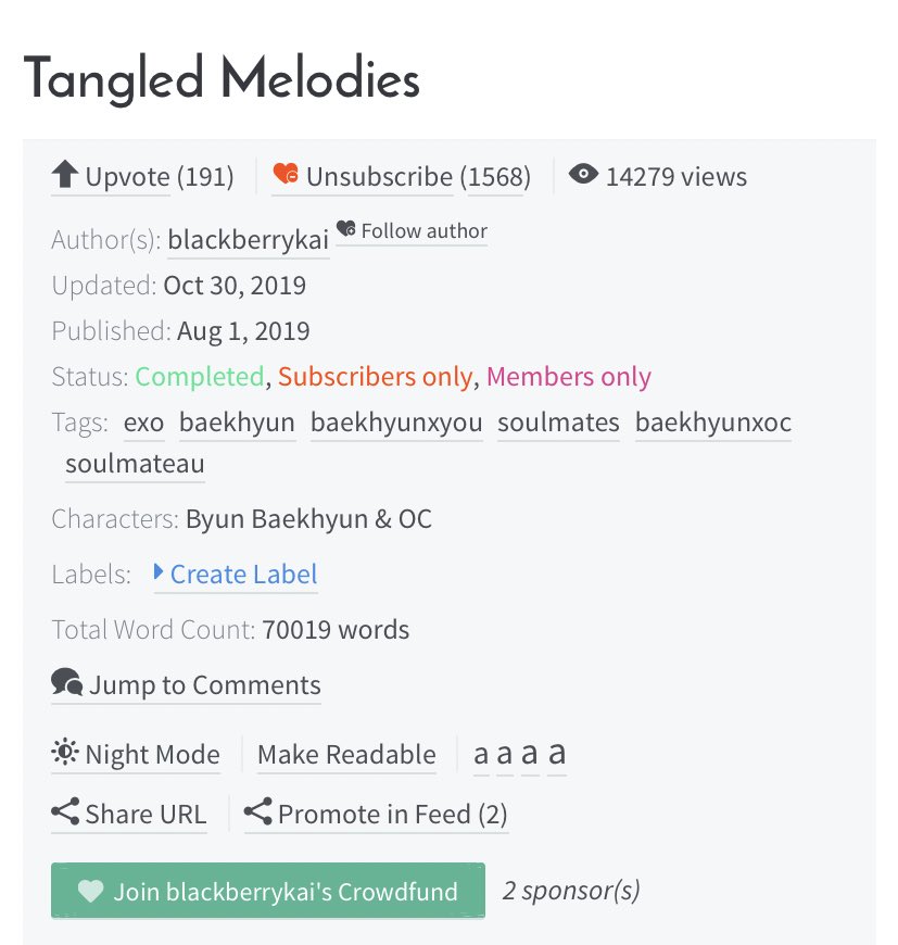 Tangled Melodies Completed Byun Baekhyun x OC Soulmate, romance Short but worth reading   https://www.asianfanfics.com/story/view/1412152/tangled-melodies