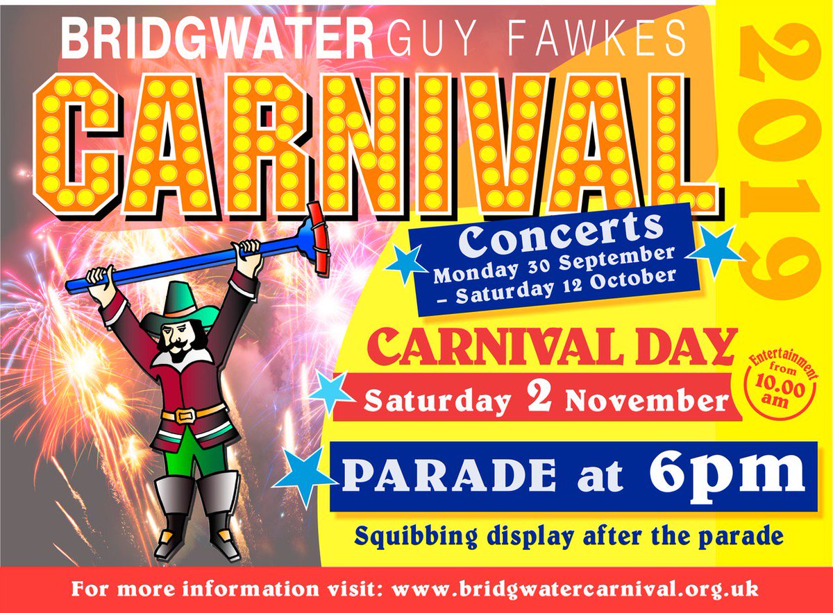 🎉 IT'S CARNIVAL DAY! 🎉

8.00am Town Centre roads close
9.00am #RWCFinal 🏴󠁧󠁢󠁥󠁮󠁧󠁿
10.00am Daytime Ent Prog starts
4.00pm Main roads close 
5.30pm Pre-Procession
6.00pm Main Procession 

#Squibbing 30 mins after procession on High Street

#BridgwaterCarnival19
bridgwatercarnival.org.uk